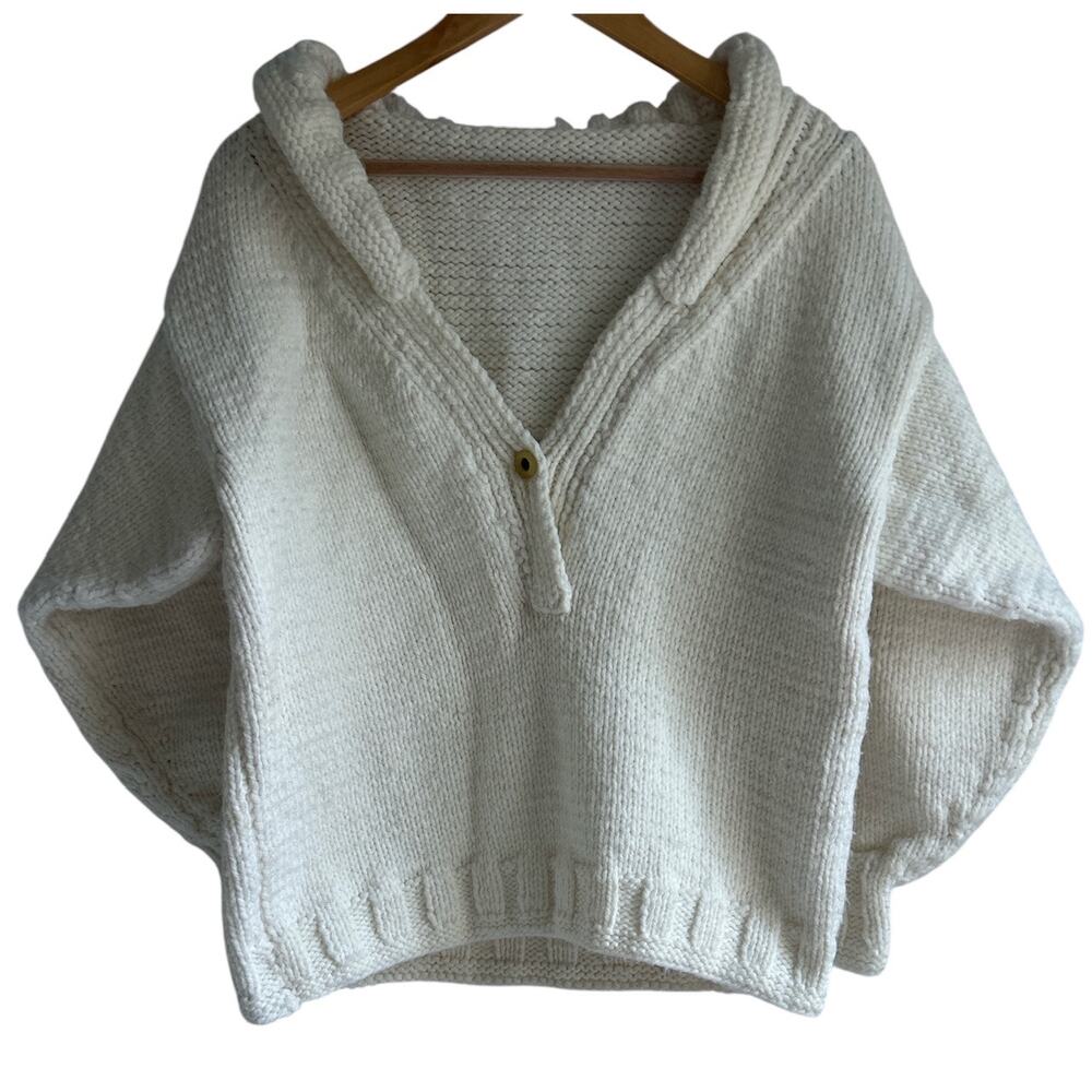 Handmade Medium Large Wool‎ Cream Lagenlook V Neck Cable Knit Collard Sweater